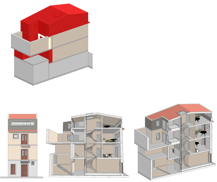 Alfama — Lisboa — estudo tridimensional do edifício, fachadas, cortes e organização interior