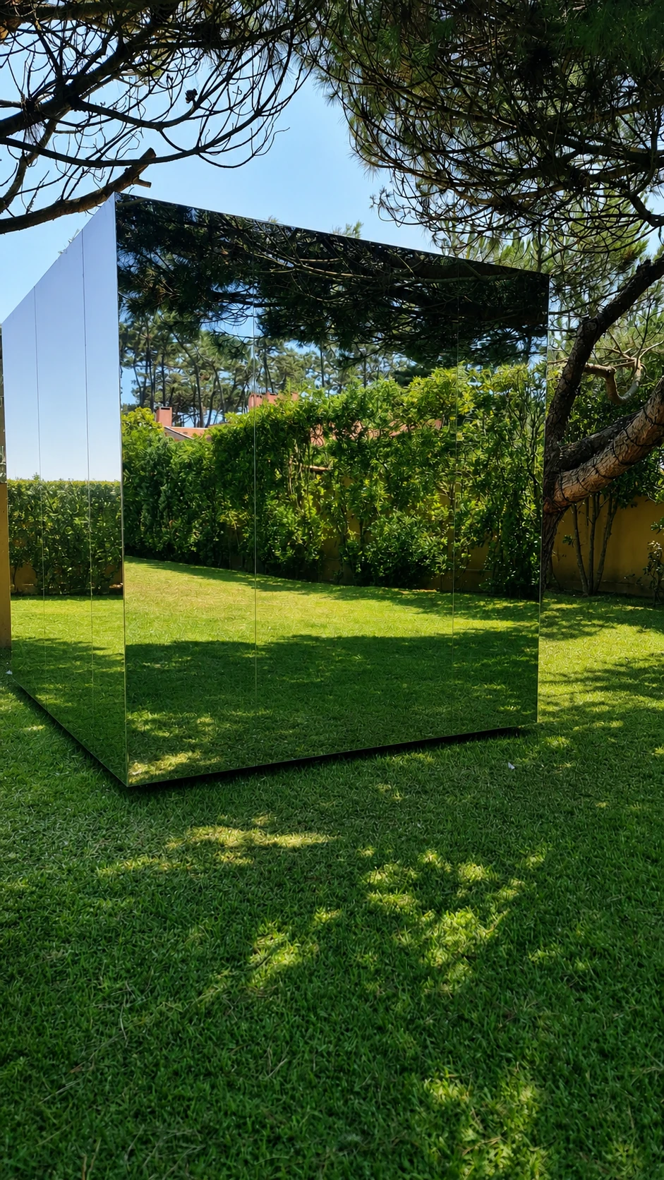 Casa Espelho — volume revestido por painéis metálicos espelhados que refletem o jardim