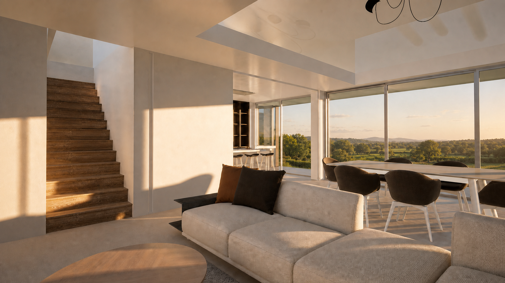 Casa HF — sala em pé-direito duplo e vista sobre a paisagem