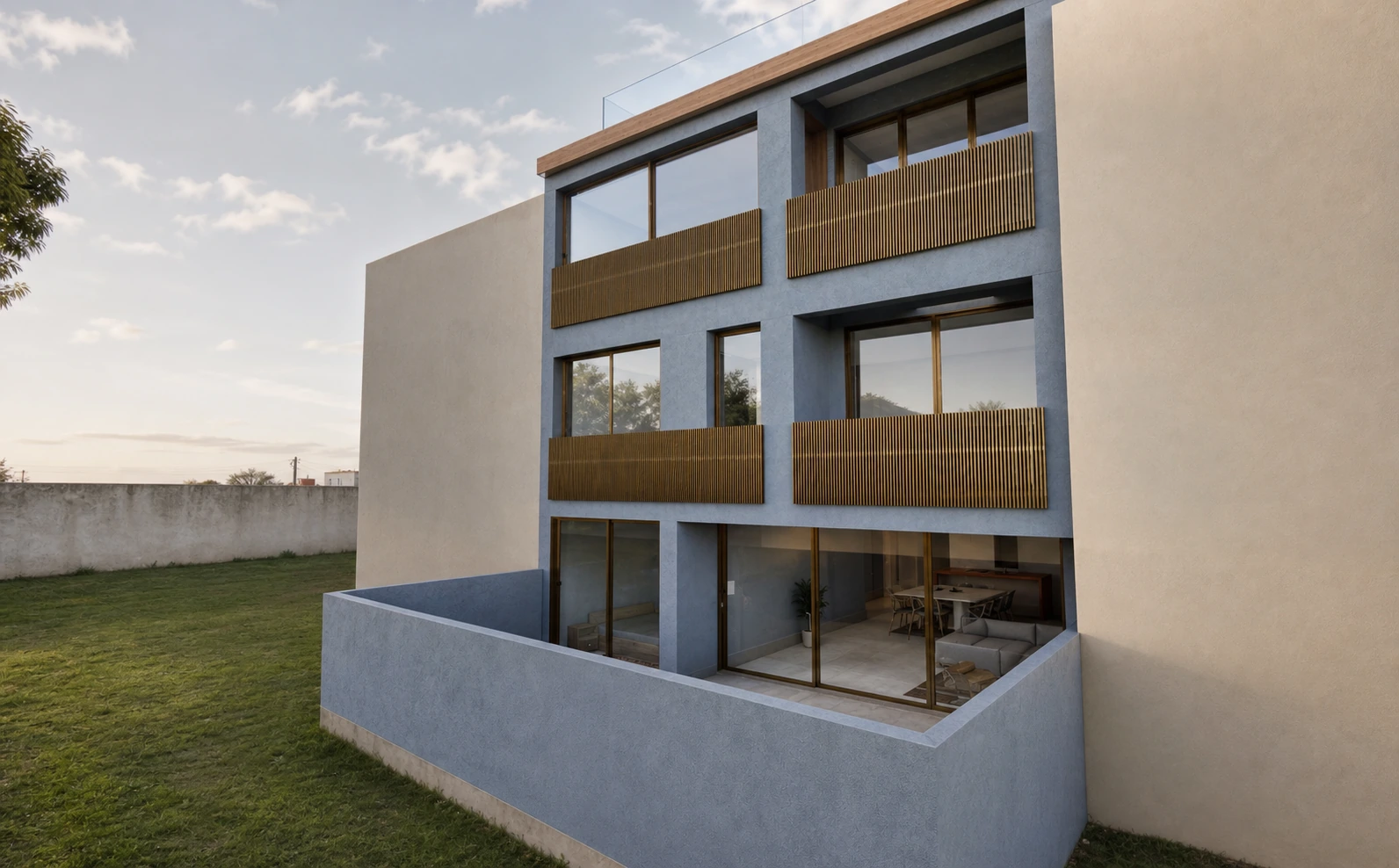 Habitação 1+1 — visualização fotorrealista da fachada tardoz, varandas e pátio