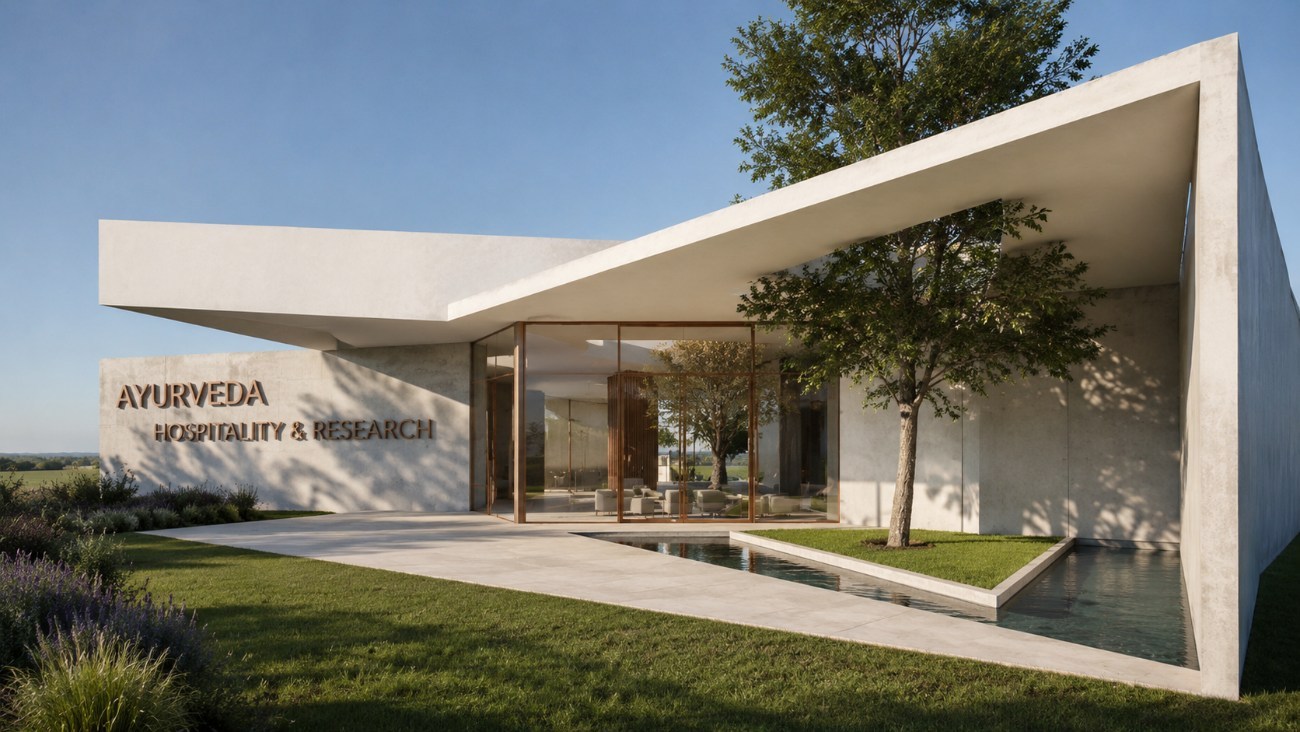 Centro Hospitalar Ayurveda — entrada principal integrada na paisagem de Mourão