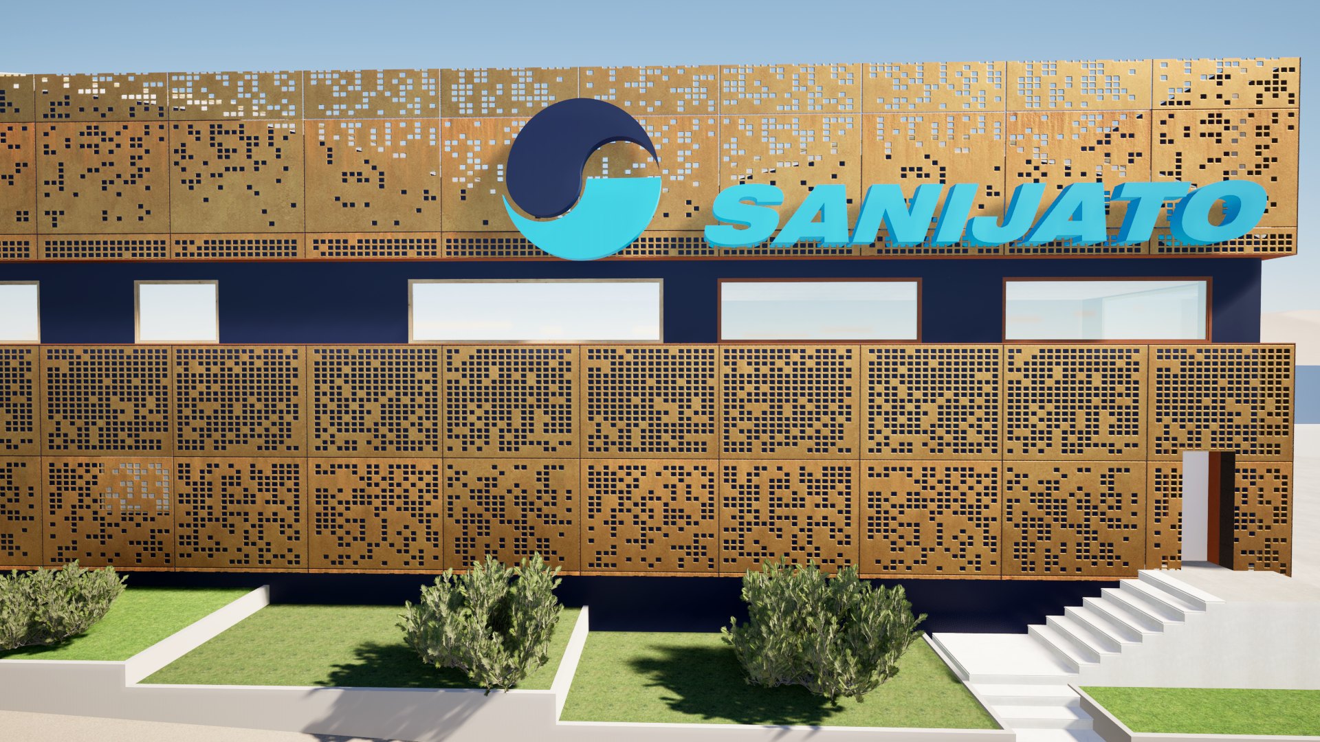 Estudo tridimensional da fachada da nova sede da Sanijato