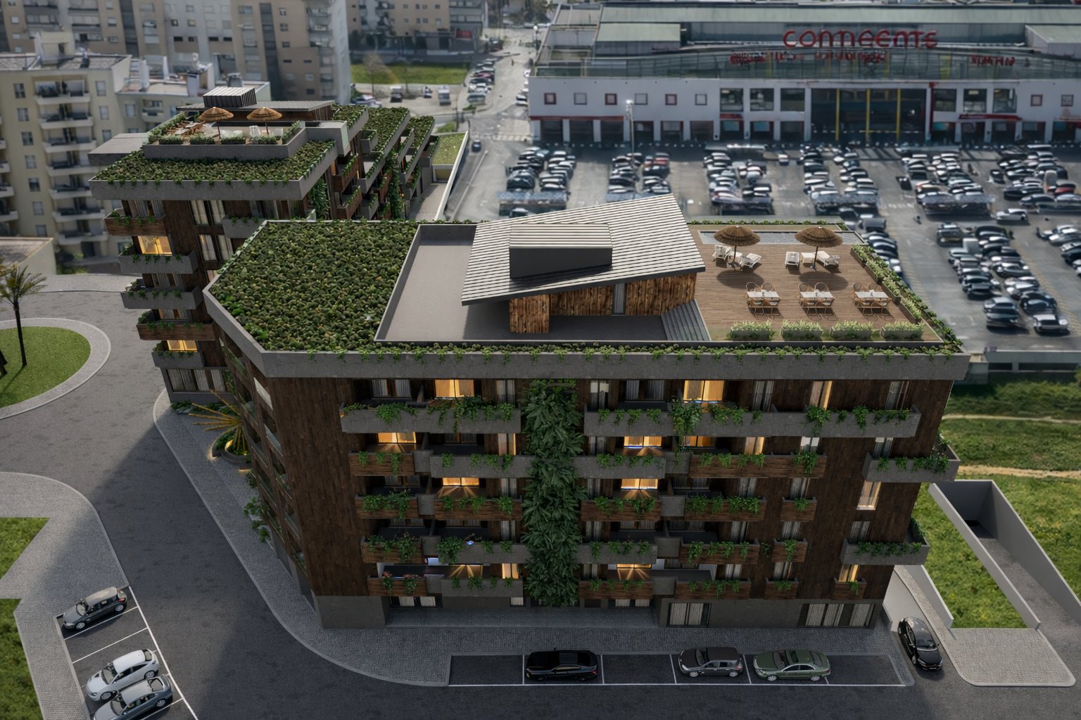Zenith Residences — vista aérea dos dois blocos e das coberturas verdes
