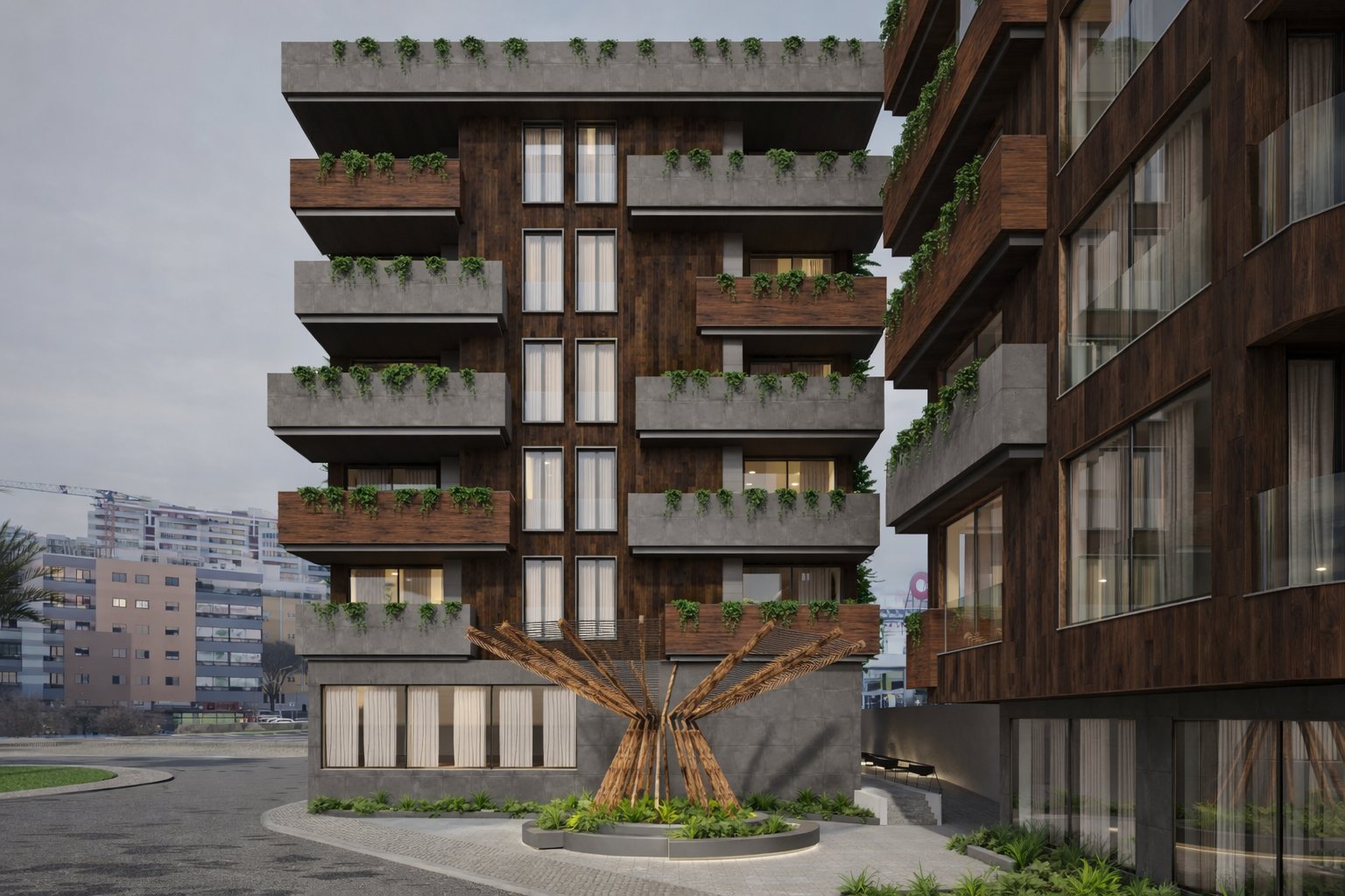 Zenith Residences — perspetiva da esquina urbana e da relação do edifício com a rua