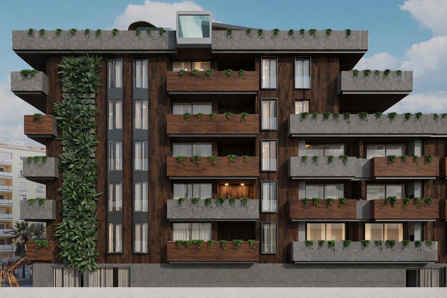 Zenith Residences — vista da fachada principal com madeira, betão e vegetação